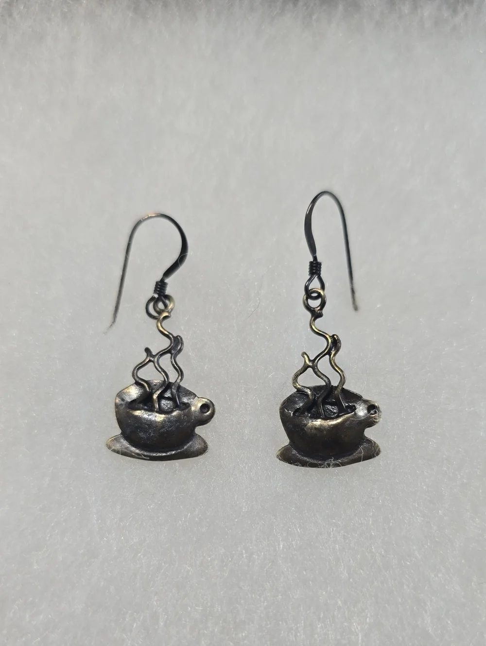 Sterling Silver Coffee Cup Dangle Earrings - Blackened Finish